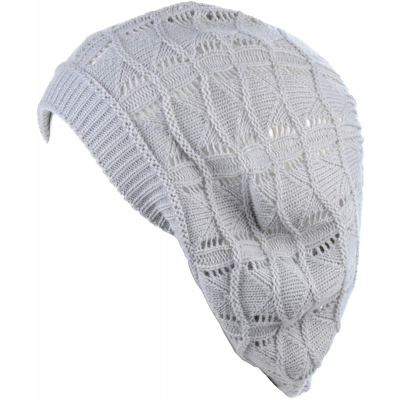 Berets Chic Soft Knit Airy Cutout Lightweight Slouchy Crochet Beret Beanie Hat - Silver Gray Wavy Stripe - CK18L3RO9I9 $11.58