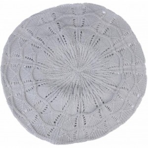 Berets Chic Soft Knit Airy Cutout Lightweight Slouchy Crochet Beret Beanie Hat - Silver Gray Wavy Stripe - CK18L3RO9I9 $11.58