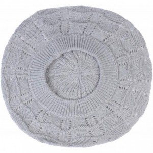 Berets Chic Soft Knit Airy Cutout Lightweight Slouchy Crochet Beret Beanie Hat - Silver Gray Wavy Stripe - CK18L3RO9I9 $11.58