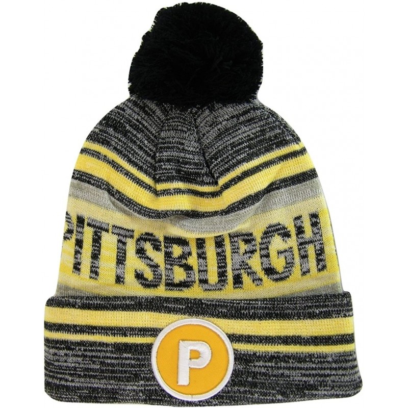 Skullies & Beanies Pittsburgh P Patch Fade Out Cuffed Knit Winter Pom Beanie Hat - Black/Gold - C7187NLDDCO $15.74