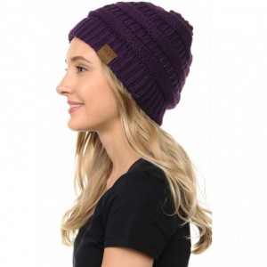 Skullies & Beanies Soft Cable Knit Warm Fuzzy Lined Slouchy Beanie Winter Hat - Dark Purple - C918Y5CZSKY $14.66