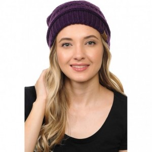 Skullies & Beanies Soft Cable Knit Warm Fuzzy Lined Slouchy Beanie Winter Hat - Dark Purple - C918Y5CZSKY $14.66