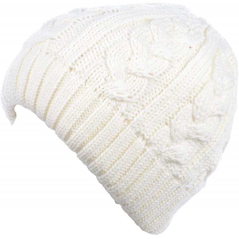 Skullies & Beanies Winter Womens Fashion Bun Ponytail Fleece Lined Slouchy Knit Beanie Hat - Cable Knit Off-white - CQ18LY8XT...