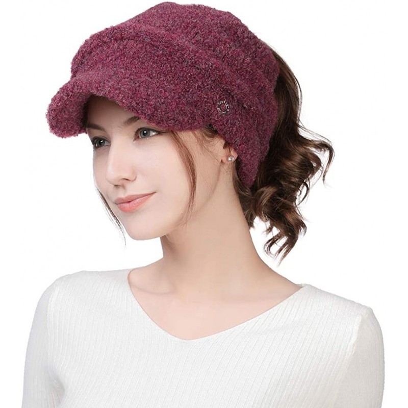 Newsboy Caps Wool Knitted Visor Beanie Winter Hat for Women Newsboy Cap Warm Soft Lined - 99733_burgundy - CR18KK96082 $16.56