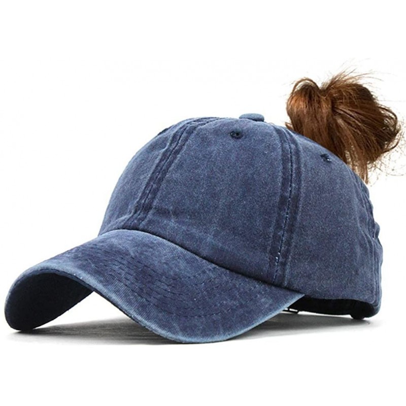 Baseball Caps Women's Retro Washed Cotton Twill Baseball Cap Ponytail Messy High Buns Ponycaps Adjustable Dad Hat - Navy Blue...