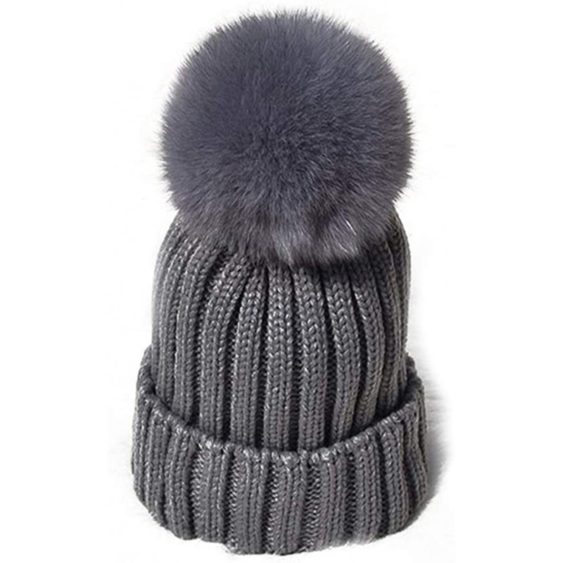 Skullies & Beanies Winter Knit Hat Kids Real Fur Pom Pom Warm Beanie Hat - Grey (Real Fox Fur) - CD18Y2D4GHR $26.07