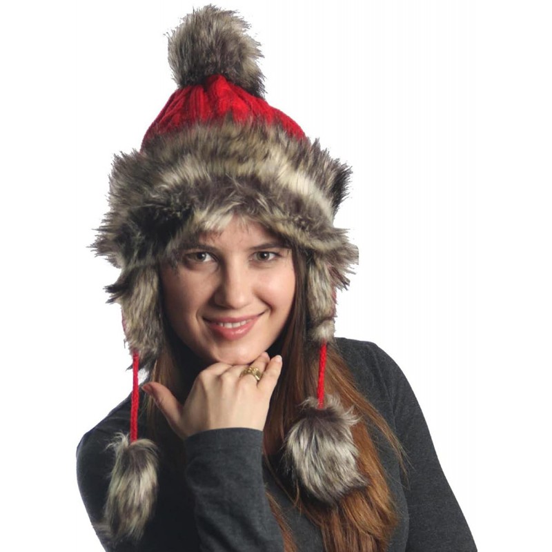 Skullies & Beanies Earflap Furry Cable Knit Trooper Trapper PomPom Ski Snow Hat - Red - CB11QPCSOVB $12.21