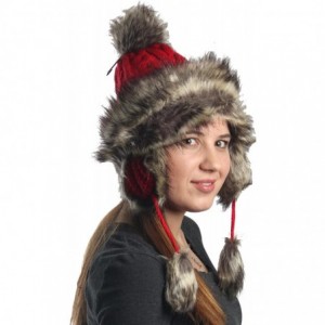 Skullies & Beanies Earflap Furry Cable Knit Trooper Trapper PomPom Ski Snow Hat - Red - CB11QPCSOVB $12.21