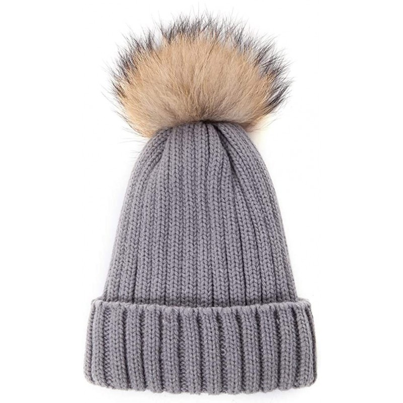 Skullies & Beanies Big Fur Pom Pom Hat - Winter Knit hat for Women Thick Warm Caps Skullies Beanies AH62 - Grey 62 - CA189LA4...