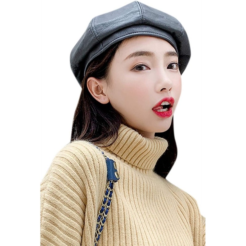 Berets Women PU Beret Hat Casual Winter Fall French Style Solid Color Artist Hats - Grey - C018IW97GN3 $9.28