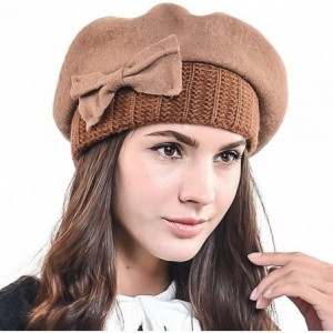 Berets Lady French Beret Wool Beret Chic Beanie Winter Hat Jf-br034 - Bow Coffee - CZ129H6ASY1 $19.74