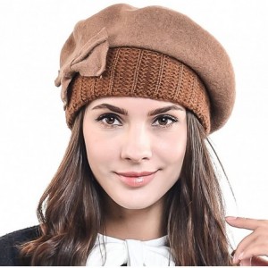 Berets Lady French Beret Wool Beret Chic Beanie Winter Hat Jf-br034 - Bow Coffee - CZ129H6ASY1 $19.74