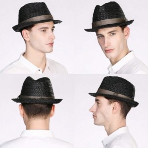 Fedoras Fedora Straw Fashion Sun Hat Packable Summer Panama Beach Hat Men Women 56-62CM - 00723_black - CR18TLX3M6I $15.08