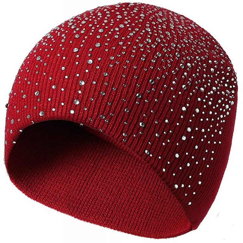 Skullies & Beanies Womens Winter Wool Knit Beanie Caps Rhinestone Soft Stretcj Slouchy Hats - Wine Red - CC18KWODGUQ $7.00