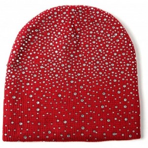 Skullies & Beanies Womens Winter Wool Knit Beanie Caps Rhinestone Soft Stretcj Slouchy Hats - Wine Red - CC18KWODGUQ $7.00