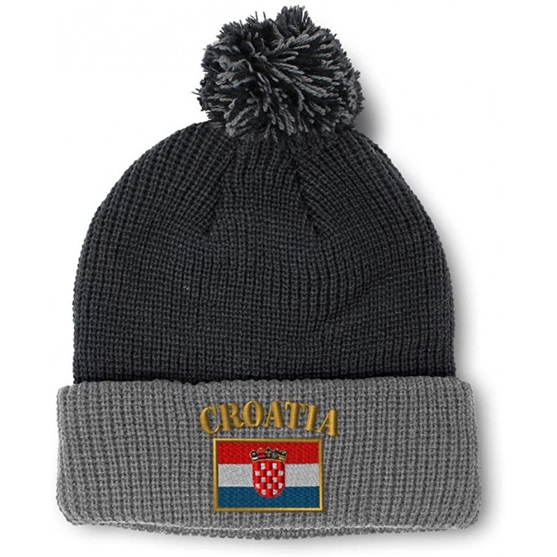 Skullies & Beanies Winter Pom Pom Beanie for Men & Women Croatia Flag Embroidery Skull Cap Hat - Black Grey - CC18ZH6GEOU $16.74
