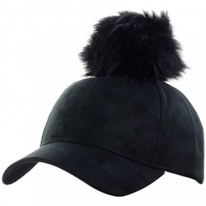 Baseball Caps Celebrity Style Precurved Suede Feel Baseball Cap w/Attachable Pom Pom - Black - C612NSAJBTQ $15.00