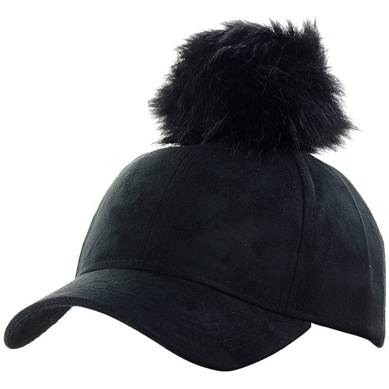 Baseball Caps Celebrity Style Precurved Suede Feel Baseball Cap w/Attachable Pom Pom - Black - C612NSAJBTQ $15.00