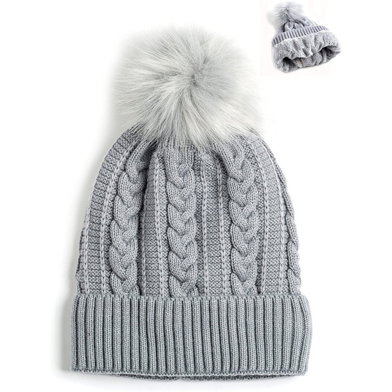 Skullies & Beanies Women Winter Faux Fur Pom Beanie Hat w/Warm Fleece Lined Thick Skull Ski Cap - Grey - CF189GSCN23 $13.96