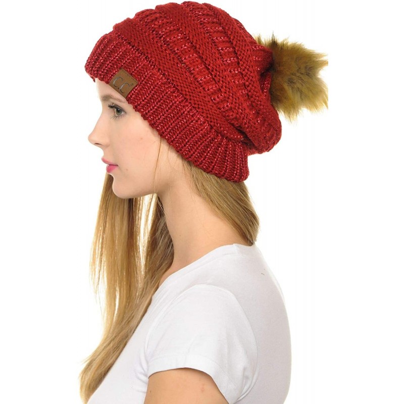 Skullies & Beanies Hat-43 Thick Warm Cap Hat Skully Faux Fur Pom Pom Cable Knit Beanie - Metallic Red - CS18X8X967D $16.65