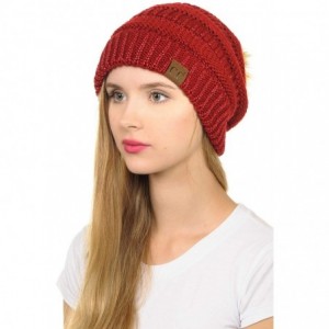 Skullies & Beanies Hat-43 Thick Warm Cap Hat Skully Faux Fur Pom Pom Cable Knit Beanie - Metallic Red - CS18X8X967D $16.65
