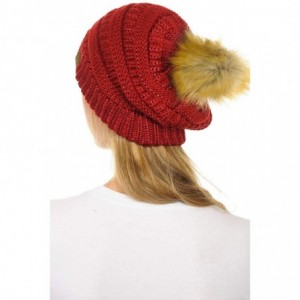 Skullies & Beanies Hat-43 Thick Warm Cap Hat Skully Faux Fur Pom Pom Cable Knit Beanie - Metallic Red - CS18X8X967D $16.65