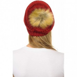 Skullies & Beanies Hat-43 Thick Warm Cap Hat Skully Faux Fur Pom Pom Cable Knit Beanie - Metallic Red - CS18X8X967D $16.65