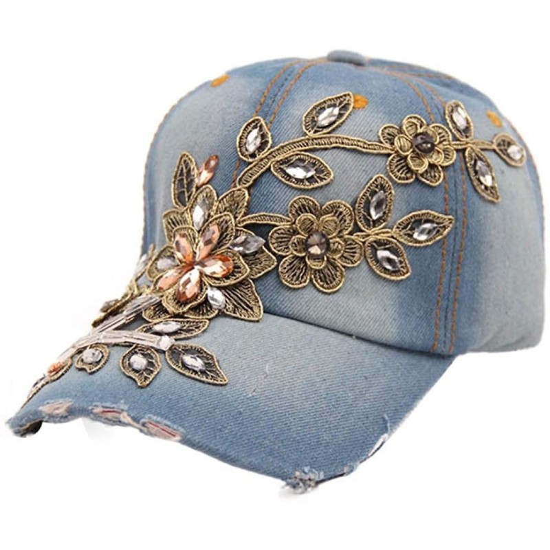 Baseball Caps New Vogue Women Diamond Flower Baseball Cap Jeans Hats - B - C912IFUH74Z $9.41