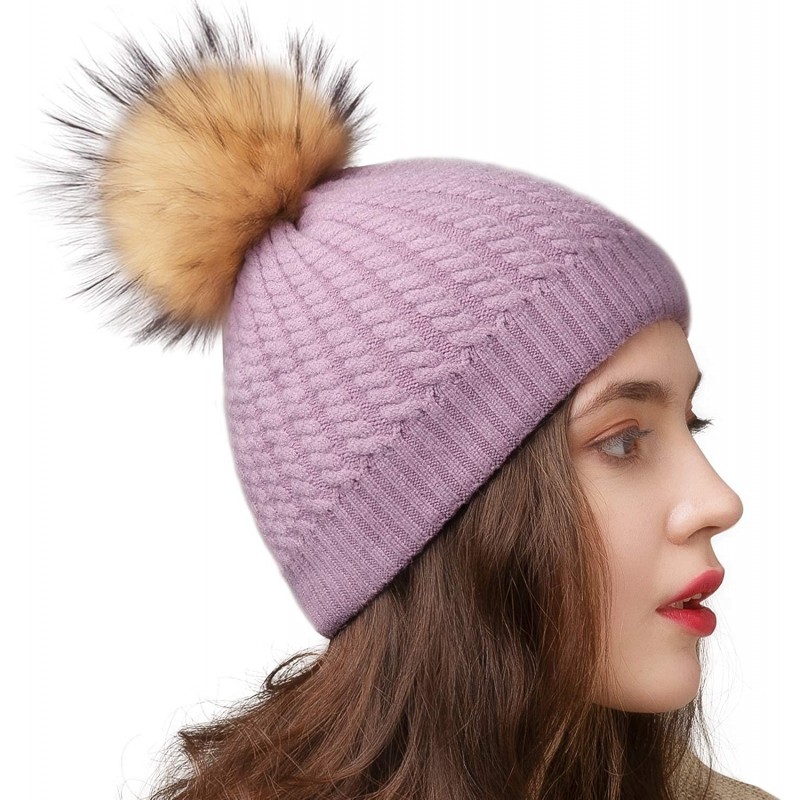 Sun Hats Winter Beanie for Women Warm Knit Bobble Skull Cap Big Fur Pom Pom Hats for Women - 12 Purple - CI18UWSAE60 $16.94