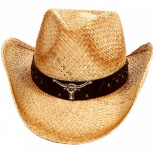 Cowboy Hats Men and Women Sun Hat Costume Straw Cowboy Hat with Decors - Nature_bull - C518HN9Q9GU $26.71