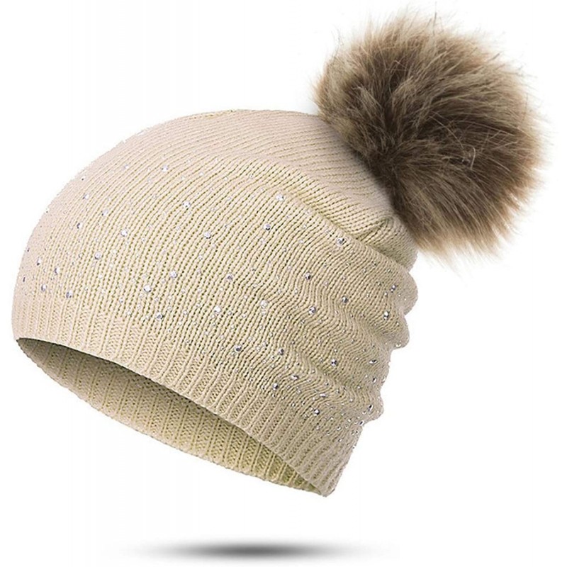 Skullies & Beanies Women's Winter Beanies Hat Knit Beanie Hat Pompom Female Rhinestone Skullies Hat - Beige - CI18A2OCEXW $22.82