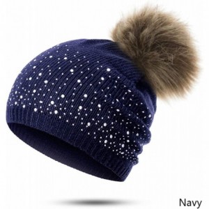 Skullies & Beanies Women's Winter Beanies Hat Knit Beanie Hat Pompom Female Rhinestone Skullies Hat - Beige - CI18A2OCEXW $22.82