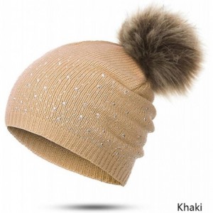 Skullies & Beanies Women's Winter Beanies Hat Knit Beanie Hat Pompom Female Rhinestone Skullies Hat - Beige - CI18A2OCEXW $22.82