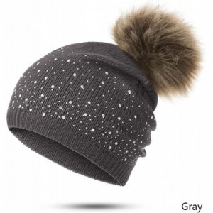 Skullies & Beanies Women's Winter Beanies Hat Knit Beanie Hat Pompom Female Rhinestone Skullies Hat - Beige - CI18A2OCEXW $22.82