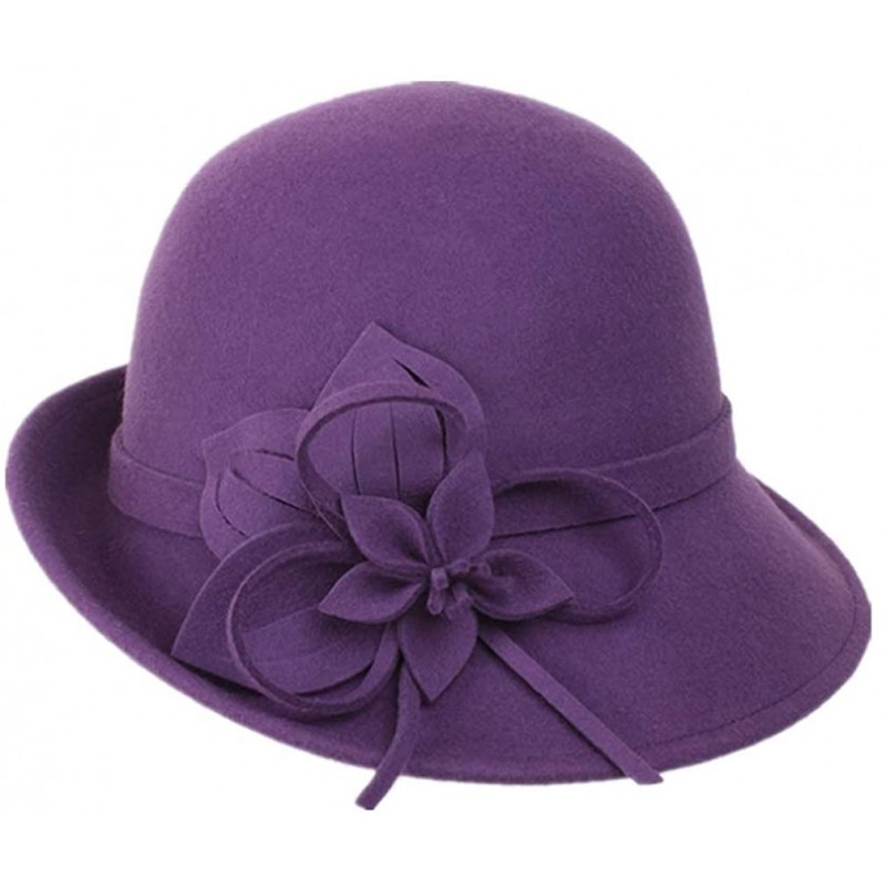 Fedoras Womens Elegant Double Flower 100% Wool Pillbox Hat Fascinator Hat Beanie Hat - Purple - CB18LEZNAN4 $15.41