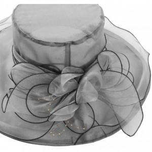 Sun Hats Women Organza Wide Brim Sun Hat with Large Flower Church Party Wedding Cap - Grey B - C518RSHK69A $32.10