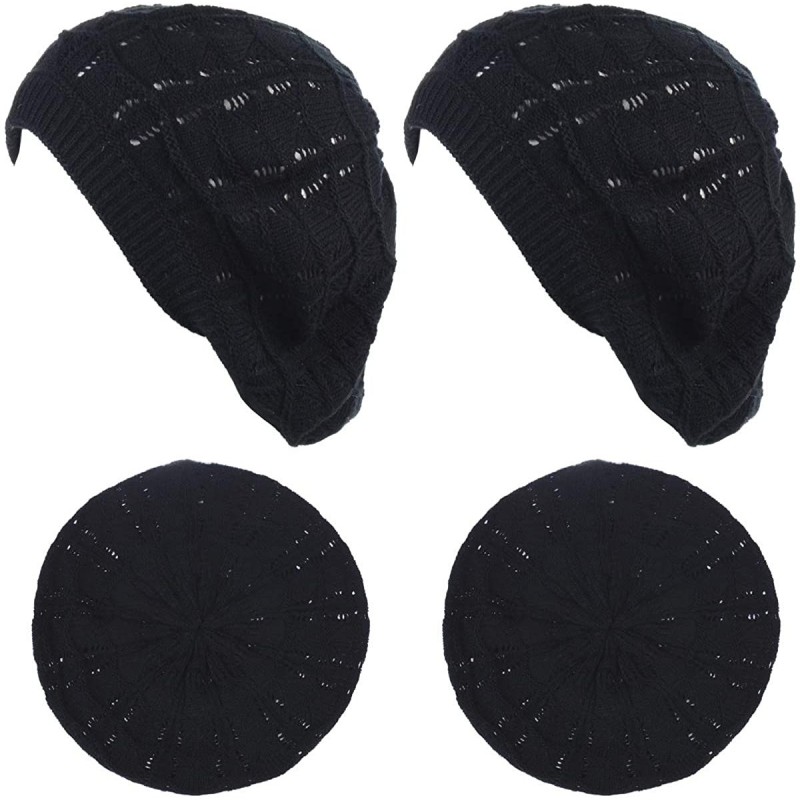 Berets Chic Soft Knit Airy Cutout Lightweight Slouchy Crochet Beret Beanie Hat - 2-pack Black & Black - C718LEIZOYC $32.01