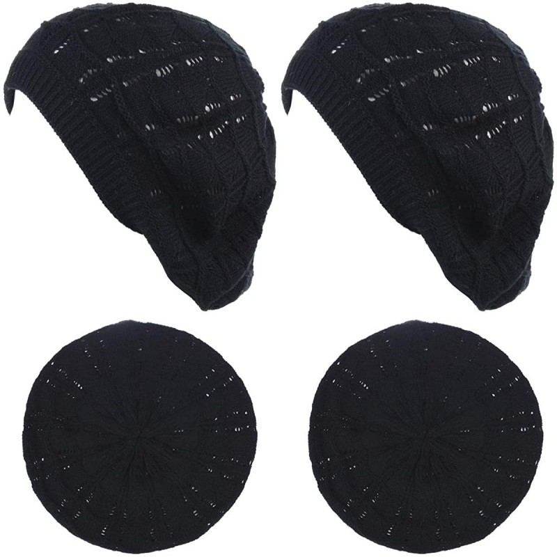 Berets Chic Soft Knit Airy Cutout Lightweight Slouchy Crochet Beret Beanie Hat - 2-pack Black & Black - C718LEIZOYC $16.00