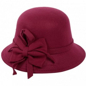 Fedoras Women's Retro Ribbon Flower Bow Solid Color Fedora Bowler Hat Caps - Wine - CG19332IIE4 $16.30