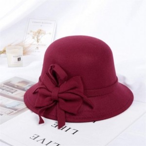 Fedoras Women's Retro Ribbon Flower Bow Solid Color Fedora Bowler Hat Caps - Wine - CG19332IIE4 $7.39