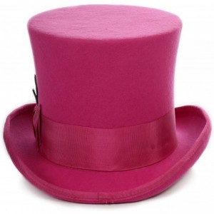 Fedoras Satin Lined Wool Top Hat with Grosgrain Ribbon and Removable Feather - Unisex- Men- Women - Fuchsia - CO127DPBJE7 $38.12