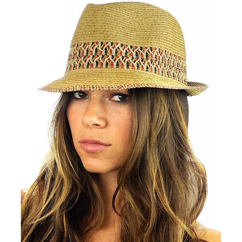 Fedoras Multicolored Weaved Band and Trim Stingy Trilby Fedora Hat - Red - CC12E37MYE7 $7.86