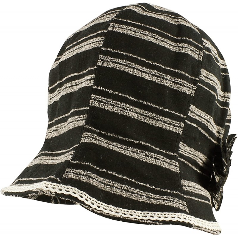 Bucket Hats Striped Cotton Linen Cloche Bucket Packable Hat with Flower and Lace Trim - Black/White - CP11MUGG9LD $27.04