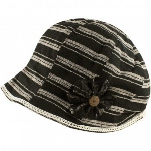 Bucket Hats Striped Cotton Linen Cloche Bucket Packable Hat with Flower and Lace Trim - Black/White - CP11MUGG9LD $11.54