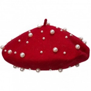 Berets Sweet French Womens Pearl Beaded 100% Wool Beret Cap Winter Hat Y91 - Red - CW189HOLTMZ $28.92