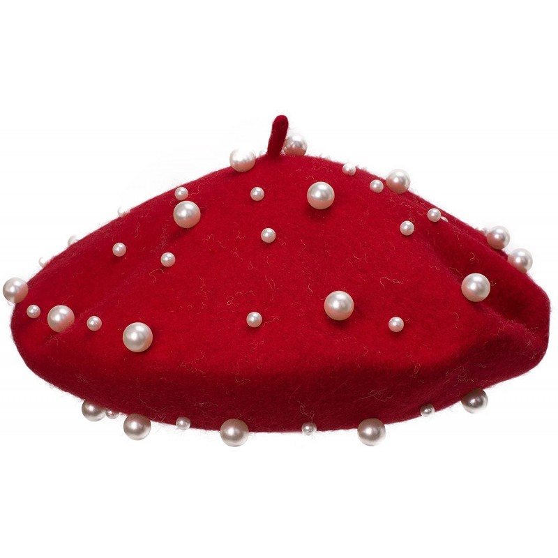 Berets Sweet French Womens Pearl Beaded 100% Wool Beret Cap Winter Hat Y91 - Red - CW189HOLTMZ $15.62