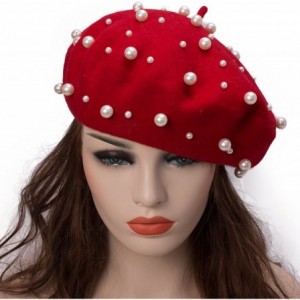 Berets Sweet French Womens Pearl Beaded 100% Wool Beret Cap Winter Hat Y91 - Red - CW189HOLTMZ $15.62