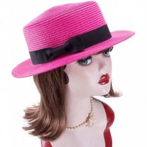 Sun Hats Womens Mini Straw Boater Hat Fedora Panama Flat Top Ribbon Summer A456 - Hot Pink - C0185O5SXLX $8.28