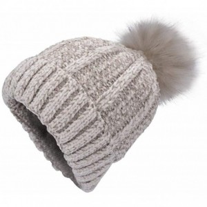 Skullies & Beanies Winter Beanie Hat for Women Knit Thick Snow Cuff Cap with Faux Fur Pompom - Khaki-19 - C918X6UCKU8 $9.37