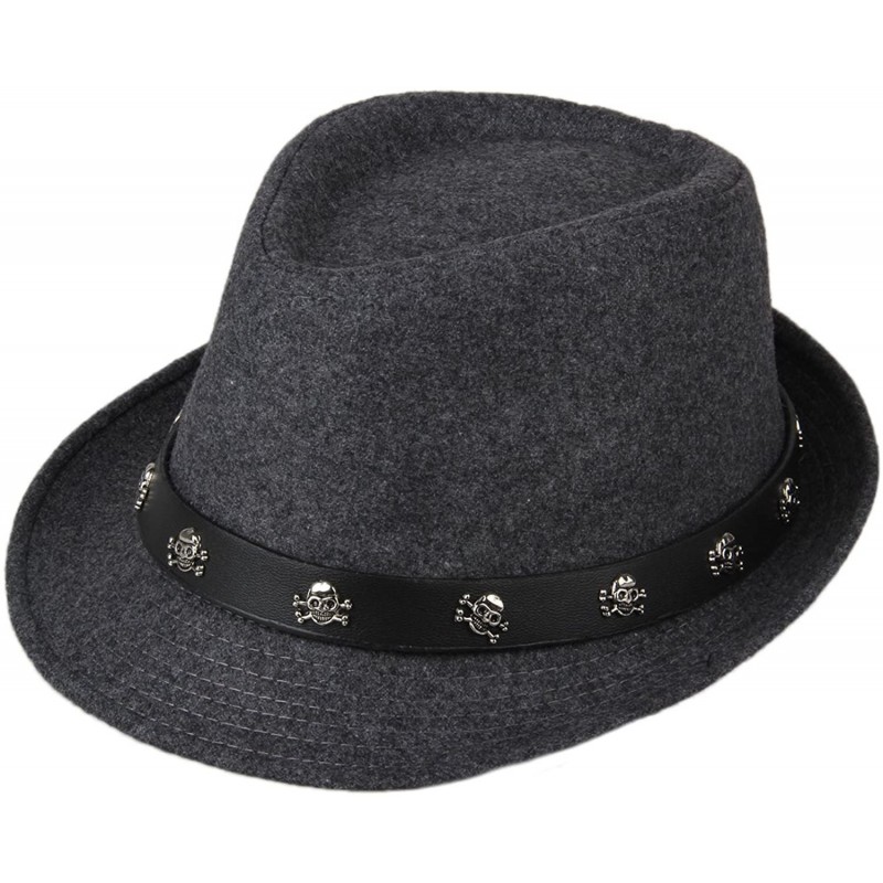 Sun Hats Mens Roll Brim Wool Felt Jazz Hat Cap with Skull Belt - Grey - CR12N8SOYC9 $16.00